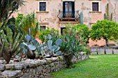 SICILY  ITALY: LA CASE BIVIERE NEAR LENTINI - STONE PORT JETTY PLANTED WITH VARIETY OF SUCCULENTS INCLUDING MYRTILLOCACTUS GEOMETRIZANS( LEFT) WITH MAIN HOUSE FAÇADE AND CACTI