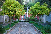 SICILY  ITALY: CASA CUSENI IN TAORMINA - UPPER TERRACE WITH PEBBLEWORK MOSAIC  ORANGE TREES  IRISES AND A RECTANGUALR POOL FILLED WITH PAPYRUS   ANCIENT SICILIAN AND TURKISH TILES