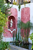 SICILY  ITALY: CASA CUSENI IN TAORMINA - UPPER TERRACE WITH RECTANGUALR POOL FILLED WITH PAPYRUS   ANCIENT SICILIAN AND TURKISH TILES - WATER  POOL  POND  MEDITERRANEAN