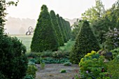 ROCKCLIFFE HOUSE, GLOUCESTERSHIRE: VIEW ACROSS TERRACE TO PYRAMIDS OF CLIPPED TOPIARY BEECH AND BRONZE SCULPTURE SOUTHERN SHADE BY NIGEL HALL. MIST, FOG, GREEN, SUMMER