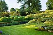 ROCKCLIFFE HOUSE, GLOUCESTERSHIRE: THE LILY POND WITH CORNUS CONTROVERSA VARIEGATA, LAWN AND CLIPPED TOPIARY BALLS AND CEDAR OF LEBANON, SUMMER