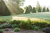 ROCKCLIFFE HOUSE, GLOUCESTERSHIRE: TERRACE WITH LAWN AND CLIPPED TOPIARY PYRAMIDS OF BEECH - SUMMER, MORNING LIGHT