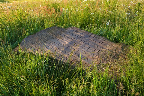 BROCKHAMPTON_COTTAGE_HEREFORDSHIRE_ROCK_AMONGST_THE_WILDFLOWER_MEADOW_INSCRIBED_WITH_ROMAN_WORDS_OF_