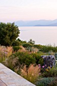 CORFU, GREECE - THE KASSIOPIA ESTATE. VIEW OF GARDEN FROM THE TERRACE LOOKING OUT TO SEA WITH STIPA TENUISSIMA AND TULBAGHIA VIOLACEA