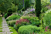 ROCKCLIFFE HOUSE, GLOUCESTERSHIRE: HERBACEOUS BORDER BESIDE PATH WITH ASTRANTIAS, ROSES, PEONIES, YEW, GERANIUMS AND FOXGLOVES. SUMMER, COUNTRY GARDEN