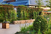 HORATIOS GARDEN  SALISBURY HOSPITAL  WILTSHIRE - DESIGNER CLEEVE WEST - RUSTED STEEL ARCH PLANTED WITH APPLES