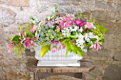 COMMON FARM FLOWERS, SOMERSET, SUMMER: FRESHLY CUT FLOWERS IN WHITE CERAMIC CONTAINER - FLOWER, FLOWERS, BOUQUET, DISPLAY, ARRANGEMENT, FLORAL, ROSES, HONEYSUCKLE