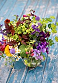 COMMON FARM FLOWERS, SOMERSET, SUMMER: FRESHLY CUT FLOWERS IN GLASS CONTAINER ON BLUE BENCH / TABLE - FLOWER, FLOWERS, BOUQUET, DISPLAY, ARRANGEMENT, FLORAL, CORNFLOWER, ALCHEMILLA