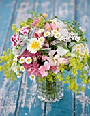 COMMON FARM FLOWERS, SOMERSET, SUMMER: FRESHLY CUT FLOWERS IN GLASS CONTAINER ON BLUE BENCH / TABLE - FLOWER, BOUQUET, DISPLAY, ARRANGEMENT, FLORAL, SWEET WILLIAM, ALCHEMILLA