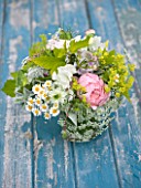 COMMON FARM FLOWERS, SOMERSET, SUMMER: FRESHLY CUT FLOWERS IN GLASS CONTAINER ON BLUE BENCH / TABLE - FLOWER, BOUQUET, DISPLAY, ARRANGEMENT, FLORAL, ROSES, GOLDEN HOP, ALCHEMILLA