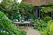 WOOLSTONE MILL HOUSE, OXFORDSHIRE: SEATING AREA WITH TABLE & CHAIRS WITH WHITE-FLOWERED THEME.SCHIZOPHRAGMA HYDRANGEOIDES, HYDRANGEA ANNABELLE AND AGAPANTHUS ENIGMA. RELAX,CALM