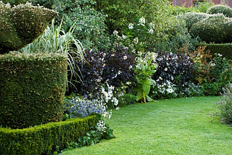 CHENIES_MANOR_BUCKINGHAMSHIRE_THE_WHITE_GARDEN_WITH_LAWN_GRASS_DAHLIAS_AND_NICOTIANA__COUNTRY_GARDEN