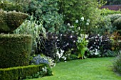 CHENIES MANOR, BUCKINGHAMSHIRE: THE WHITE GARDEN WITH GRASS PATH, DAHLIAS AND NICOTIANA, COUNTRY GARDEN, ROMANTIC, CLASSIC