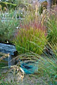 MARCHANTS HARDY PLANTS, EAST SUSSEX: COPPER CONTAINER PLANTED WITH GRASS - PANICUM VIRGATUM SHENANDOAH. GRAVEL, BENCH, GRASSES, COUNTRY, GARDEN