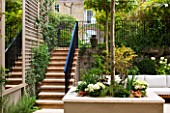 PRIVATE GARDEN LONDON: DESIGNER STEPHEN WOODHAMS - TOWN GARDEN - ROOF GARDEN WITH SEATING AND PAVING, STEPS, TRELLIS, MIRROR, RAISED BED WITH PLATANUS X ACERIFOLIA, CONTEMPORARY