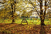 HOLKER HALL  CUMBRIA: WOODEN SEAT WITH AUTUMN COLOUR