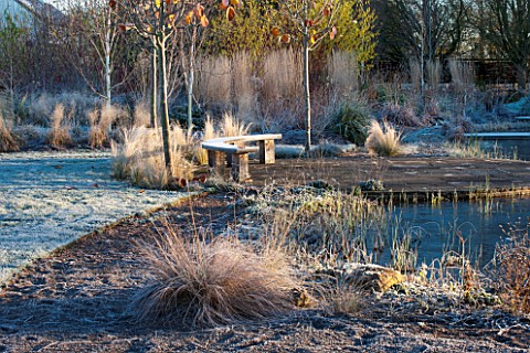ELLICAR_GARDENS_NOTTINGHAMSHIRE_VIEW_ACROSS_NATURAL_SWIMMING_POOL_CURVED_WOODEN_BENCH_SEAT
