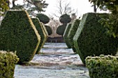 SEDGWICK PARK, WEST SUSSEX. CLIPPED AND SHAPED YEW HEDGINGON PAVED TERRACE IN WINTER. TOPIARY, EVERGREEN, FORMAL, FROST, GARDEN