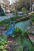 SEDGWICK PARK, WEST SUSSEX. POND COVERED WITH DUCKWEED AND SURROUNDED BY FERNS. METAL SWAN STATUE/SCULPTURE. WINTER, WOODLAND, JANUARY, WATER.