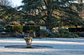 SEDGWICK PARK, WEST SUSSEX. FROSTED LAWN IN WINTER WITH MONTEREY PINE TREES AND BORDER WITH EUPHORBIA. STONE URN IN CIRCLE. FROST, GARDEN, JANUARY.