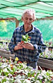 POPS PLANTS AURICULAS, HAMPSHIRE: GIL DAWSON SURROUNDED BY AURICULAS