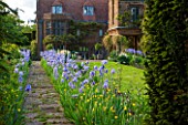 WARDINGTON MANOR, OXFORDSHIRE: THE LAND GARDENERS: PATH IN SPRING LINED WITH BLUE IRIS - FRAME, FRAMING, PATH, STONE, HOUSE, COUNTRY GARDEN