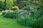 ABLINGTON MANOR  GLOUCESTERSHIRE: LAWN AND BORDER WITH IRISES AND PERENNIALS. ROMANCE  ROMANTIC  CLASSIC ENGLISH GARDEN  JUNE  SUMMER  FLOWERS