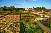 LAMPORT HALL, NORTHAMPTONSHIRE: AERIAL VIEW OF THE WALLED CUTTING FLOWER GARDEN WITH THE HALL IN THE BACKGROUND - FORMAL, HISTORIC, CLASSIC ENGLISH GARDEN