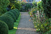 LAMPORT HALL, NORTHAMPTONSHIRE: CLIPPED BOX DOMES WITH GRAVEL PATH AND BORDERS BURSTING WITH HOLLYHOCKS AND LILIUM HENRYI - FORMAL, LAWN, CLASSIC COUNTRY HOUSE, FLOWERS, FLOWERING