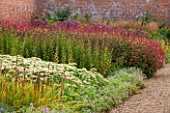 LAMPORT HALL, NORTHAMPTONSHIRE: BORDER IN THE WALLED KITCHEN GARDEN - CUTTING GARDEN WITH SEDUMS, PERSICARIA AND JOE PYE WEED - FLOWERS, AUGUST, SUMMER
