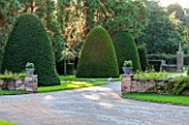 GREAT FOSTERS. SURREY: VIEW OF FRONT OF THE HOTEL WITH CLIPPED TOPIARY SHAPES IN EVENING LIGHT -  CLASSIC COUNTRY GARDEN, FORMAL