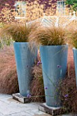 SURREY GARDEN DESIGNED BY ANTHONY PAUL: CAREX FLAGELLIFERA IN METAL CONTAINERS ON WOODEN PLINTHS. PATTERN, COUNTRY GARDEN,