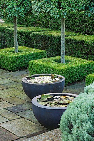 SURREY_GARDEN_DESIGNED_BY_ANTHONY_PAUL_VIEW_ACROSS_TERRACE_WITH_PONDS_IN_CONTAINERS__CLIPPED_TOPIARY