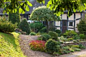 THE LYNDALLS, HEREFORDSHIRE: FRONT OF HOUSE WITH GRAVEL PATH - SEPTEMBER, CLASSIC COUNTRY GARDEN