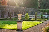ARLEY ARBORETUM, WORCESTERSHIRE: THE ITALIAN WALLED GARDEN IN AUTUMN WITH CONTAINERS AND PARTERRE - FORMAL GARDEN, OCTOBER, CLASSIC GARDEN, ITALIANATE