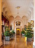 CASTLE HOWARD, YORKSHIRE: CHRISTMAS - LONG ROOM WITH CHRISTMAS TREES IN VERSAILES TUBS IN THE LONG GALLERY  - DECORATIVE, ORNAMENT, WINTER
