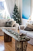 SALTWATER, NORFOLK : DESIGNER KAREN MOORE - CHRISTMAS, DECEMBER, WINTER - WHITE LIVING ROOM WITH ALUMINIUM PHOTOGRAPH BY HARRY CORY WRIGHT, SETTEE, WOODEN BENCH AND CHRISTMAS TREE