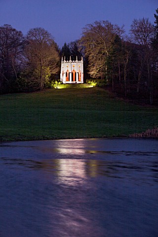 PAINSHILL_PARK_SURREY_THE_GOTHIC_TEMPLE__LIT_UP_AT_NIGHT__LIGHTING_FOLLY_FOLLIES_HISTORIC_LAKE_WATER