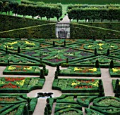 BOX HEDGES  TOPIARY SHAPES AND DWARF DAHLIAS IN THE GARDEN OF LOVE AT THE CHATEAU DE VILLANDRY  FRANCE