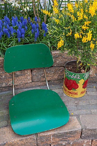 KEUKENHOF_GARDENS_HOLLAND_THE_NETHERLANDS__RECYCLING_GARDEN__STONE_WALL_OLD_GREEN_SEAT_OLD_OIL_TIN_C