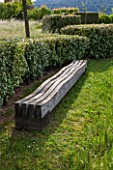 LA JEG, PROVENCE, FRANCE: DESIGNER ANTHONY PAUL - ELEAGNUS HEDGE, SEAT, ANTHONY PAUL BENCH OF GREEN OAK, SPRING, MEDITERRANEAN, CLIPPED, TOPIARY, GREEN