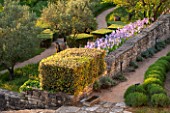 LA JEG, PROVENCE, FRANCE: DESIGNER ANTHONY PAUL - ROWS OF CLIPPED LAVENDER IN SPRING. STONE WALL, IRISES. MEDITERRANEAN, GARDEN, GREEN, PROVENCE, MAY, PATTERN