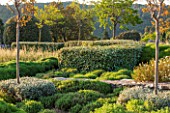 LA JEG, PROVENCE, FRANCE: DESIGNER ANTHONY PAUL - CLIPPED PLANTS ON TERRACE WITH ELEAGNUS HEDGE. HEDGING, HEDGES, MEDITERRANEAN, GARDEN, GREEN, PROVENCE, MAY