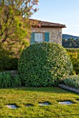 LA JEG, PROVENCE, FRANCE: DESIGNER ANTHONY PAUL - LAWN WITH STEPPING STONES, CLIPPED BALL AND HOUSE WITH BLUE SHUTTERS. MEDITERRANEAN, GARDEN, GREEN, PROVENCE, MAY
