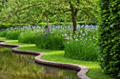 BRYANS GROUND, HEREFORDSHIRE: THE SERPENTINE CANAL AND ORCHARD IN LATE SPRING WITH APPLE TREES - BLUE FLOWERS OF IRIS SIBIRICA PAPILLON - SPRING, COUNTRY GARDEN, FLOWERING, GRASS