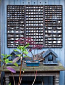 BRYANS GROUND, HEREFORDSHIRE: BLUE WALL WITH WOODEN TABLE, SLATE BIRD BOXES AND PORCELAIN FRAGMENTS IN PRINTERS TRAYS. GARDEN ORNAMENT, DECORATIVE, DECORATION
