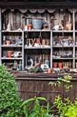 BRYANS GROUND, HEREFORDSHIRE: OLD WOODEN DRESSER WITH COLLECTED ITEMS - DECORATION, DECORATIVE, GARDEN, ORNAMENT