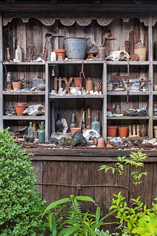 BRYANS_GROUND_HEREFORDSHIRE_OLD_WOODEN_DRESSER_WITH_COLLECTED_ITEMS__DECORATION_DECORATIVE_GARDEN_OR