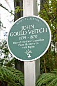 HOPE SHARP STORY, CHELSEA 2016: SIGN ON BOWDEN HOSTA STAND SHOWING PLANT COLLECTOR JOHN VEITCH