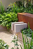 CHELSEA FLOWER SHOW 2016: WATER FEATURE- SPOT, RILL, FOUNTAIN - VESTRA WEALTH GARDEN OF MINDFUL LIVING DESIGNED BY PAUL MARTIN - SHADE, SHADY, LIMESTONE, CORTEN STEEL